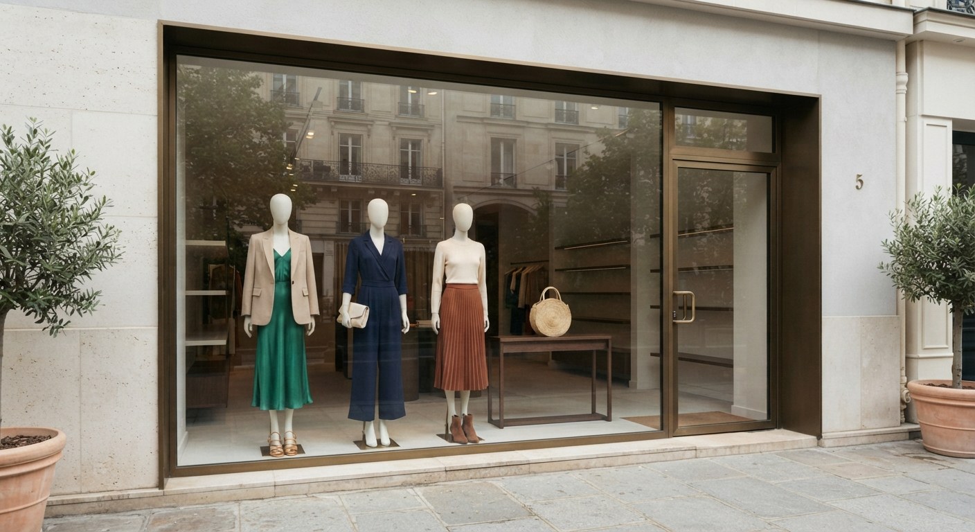 Vitrine élégante d'une boutique de mode féminine, mannequins habillés derrière une grande baie vitrée